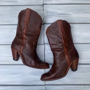 Frye Brown Leather Western Mid Calf Boots